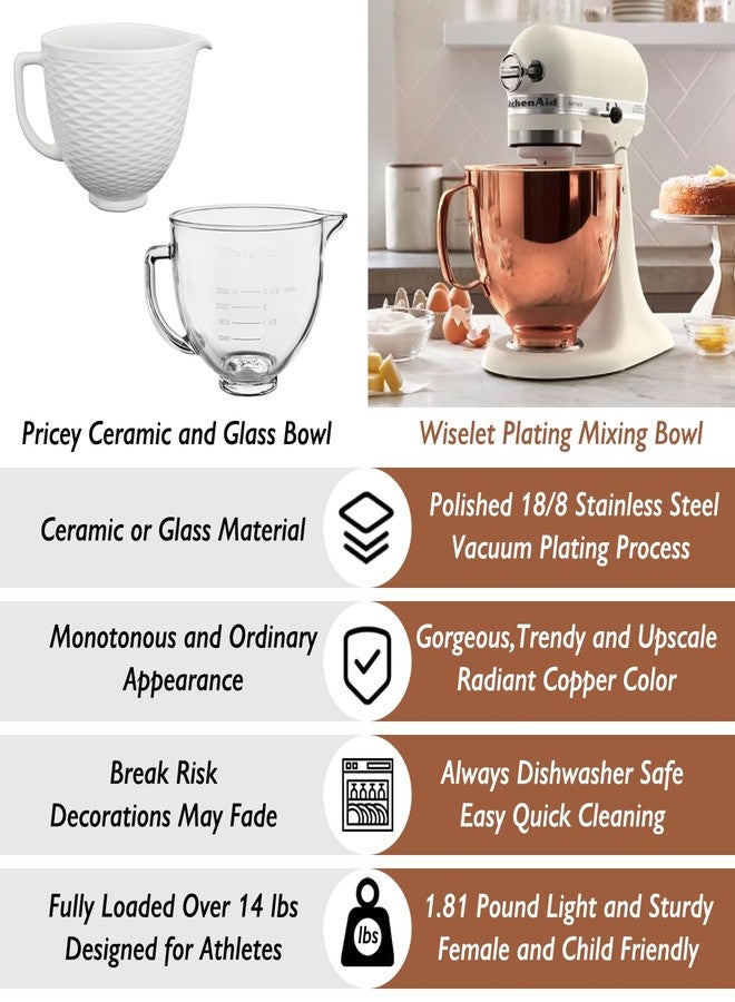 Wiselet 5 Quart Stainless Steel Mixer Bowl for KitchenAid Classic&Artisan Series 4.5-5 QT Tilt-Head Mixer, Copper Color, 18/8 Stainless Steel, Silicone Scraper, Dishwasher Safe. Fit K45SS KSM75 KSM90 KSM150 - Image 5