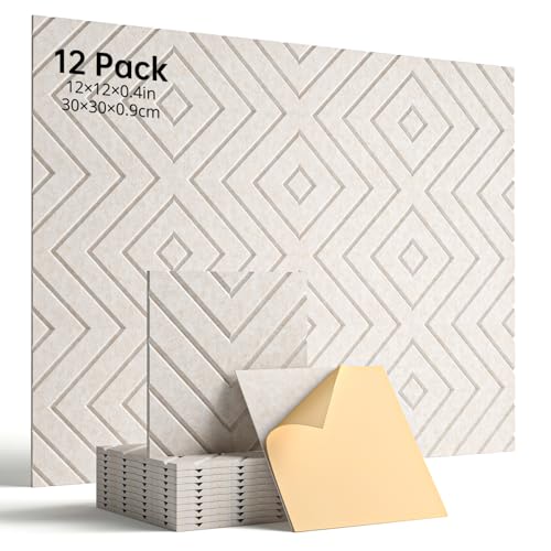 Woovio Sound Proof Foam Panels for Walls, 12 Pack Self-Adhesive Acoustic Panels, 12" X 12" X 0.4" Soundproof Wall Panels for Door, Ceiling, Home Office Beige - Image 1