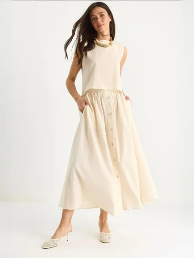 Bianco Lucci LUCCI Textured Cotton Two-Piece Set with Button Closure