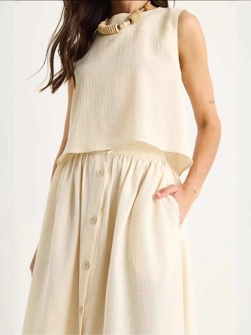 Bianco Lucci LUCCI Textured Cotton Two-Piece Set with Button Closure