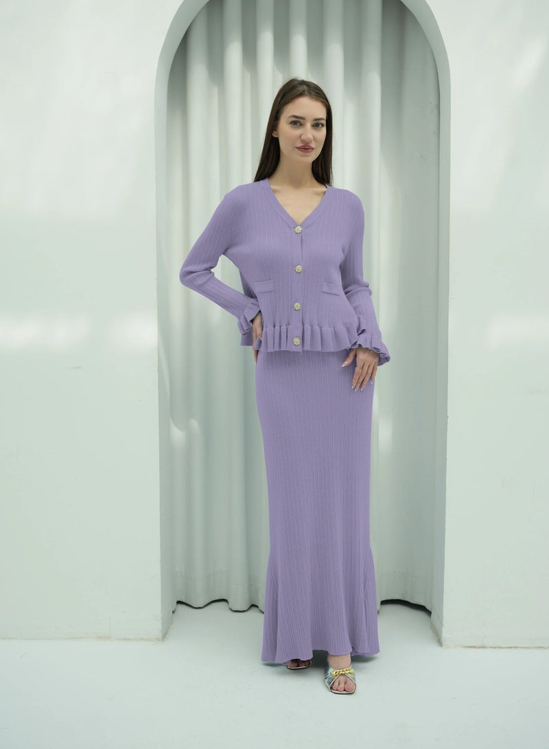 Andy 2332 | Elegant Ribbed Cotton Knit Two-Piece Set with Button-Front Peplum Top and Flared Maxi Skirt | Purple