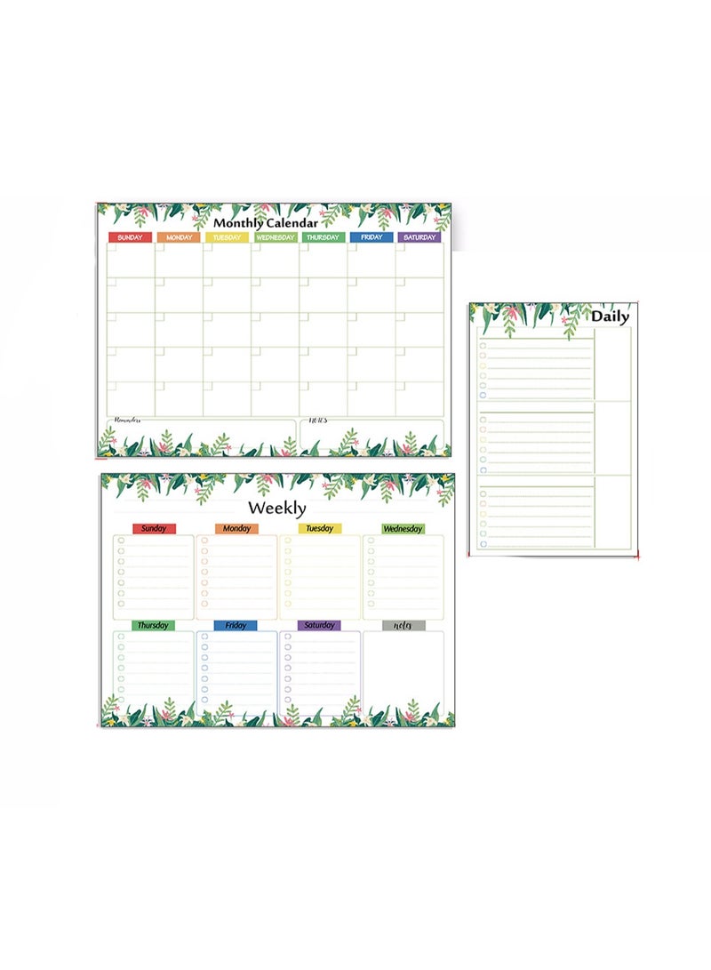 Generic Fridge Magnets Strong Dry Erase Magnetic Planner Monthly And Weekly Planner, Daily Planner, Magnetic Calendar Message Board Dry Erase Soft White Green Leaf Frame 3 Sheets + 8 Colored Pens + Blackboard Eraser - Image 1