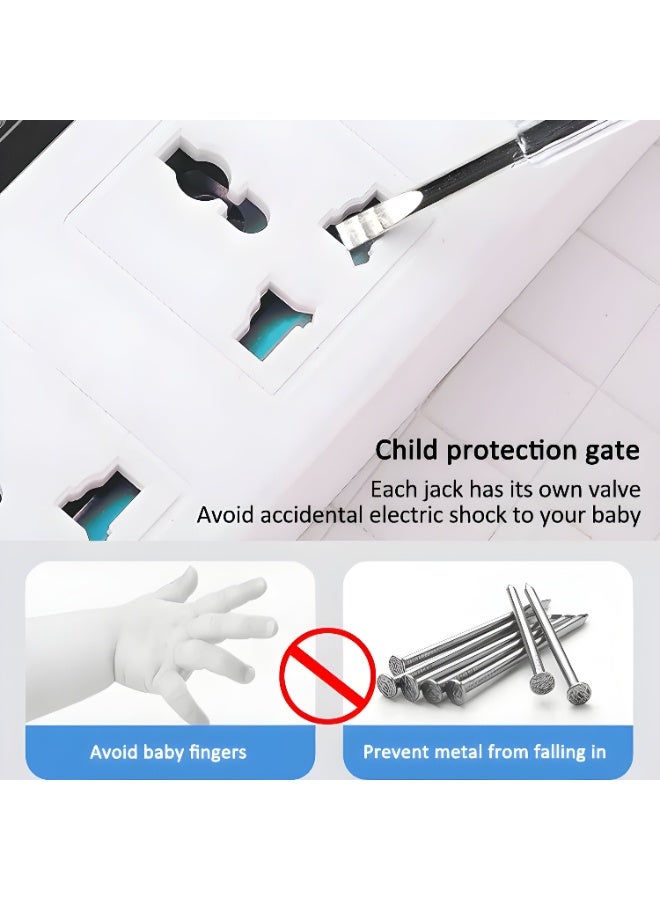 مقبس تمديد بثمانية منافذ مع 4 منافذ USB، شريط طاقة ثلاثي الأطراف بريطاني، سلك تمديد شديد التحمل، محول سفر عالمي وواقي من زيادة التيار للمنزل والمكتب (أبيض) - Image 4