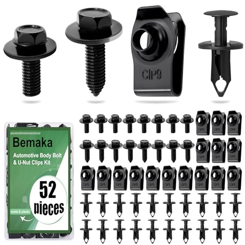 Bemaka 52Pcs Engine Under Cover Splash Shield Guard Body Bolts & Extruded U-Nut Clips Kit, Multipurpose Fender Bolts Fender Liner Clip Plastic Bumper Push Retainer Rivet Clips for Most Vehicles - Image 1