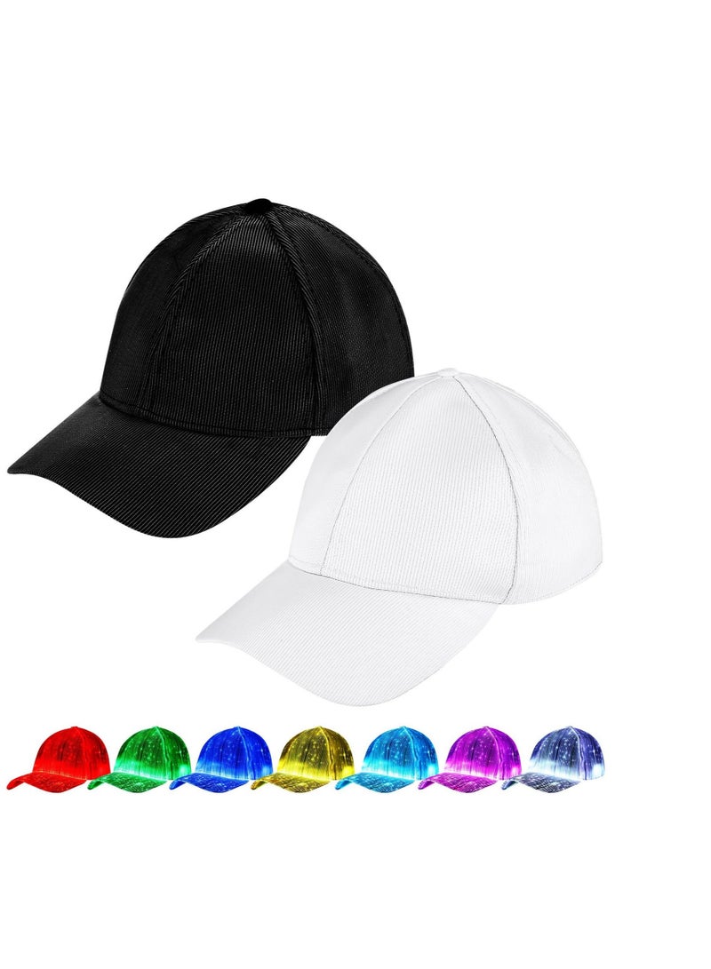 Captaintech 2 Pcs LED Baseball Hat, Luminous Fiber Optic Cap, 7 Colors Light up Cap USB Charging Hats for Men Women Flash Glow Hat for  Party Club(White, Black) - Image 1