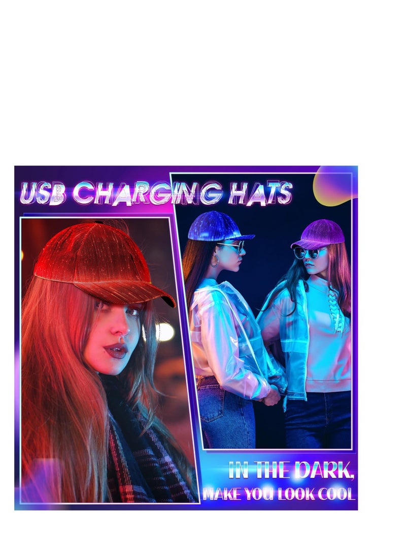 Captaintech 2 Pcs LED Baseball Hat, Luminous Fiber Optic Cap, 7 Colors Light up Cap USB Charging Hats for Men Women Flash Glow Hat for  Party Club(White, Black) - Image 4