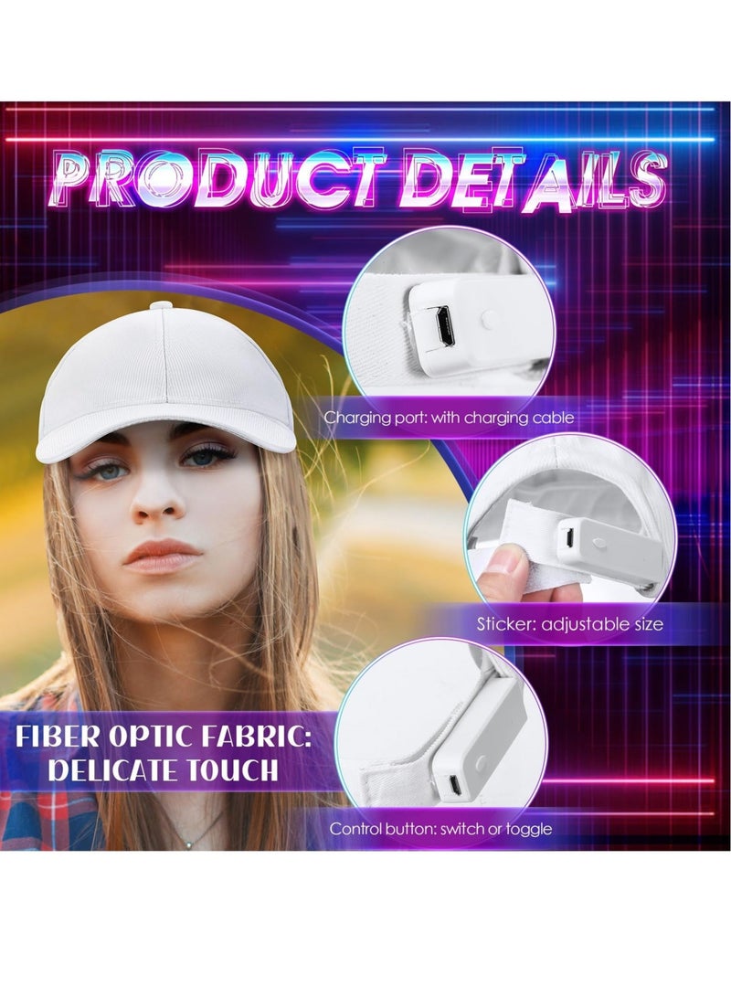 Captaintech 2 Pcs LED Baseball Hat, Luminous Fiber Optic Cap, 7 Colors Light up Cap USB Charging Hats for Men Women Flash Glow Hat for  Party Club(White, Black) - Image 5