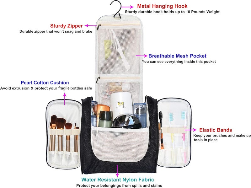 Freegrace Hanging Toiletry Bag Extra Large Capacity | Premium Travel Organizer Bags For Men And Women | Durable Waterproof Nylon Bathroom, Shower, Makeup Bag For Toiletries, Cosmetics, Shampoo (Black) - Image 2