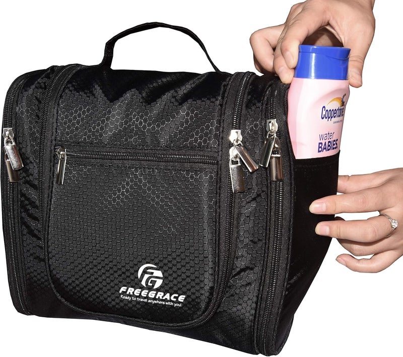 Freegrace Hanging Toiletry Bag Extra Large Capacity | Premium Travel Organizer Bags For Men And Women | Durable Waterproof Nylon Bathroom, Shower, Makeup Bag For Toiletries, Cosmetics, Shampoo (Black) - Image 4