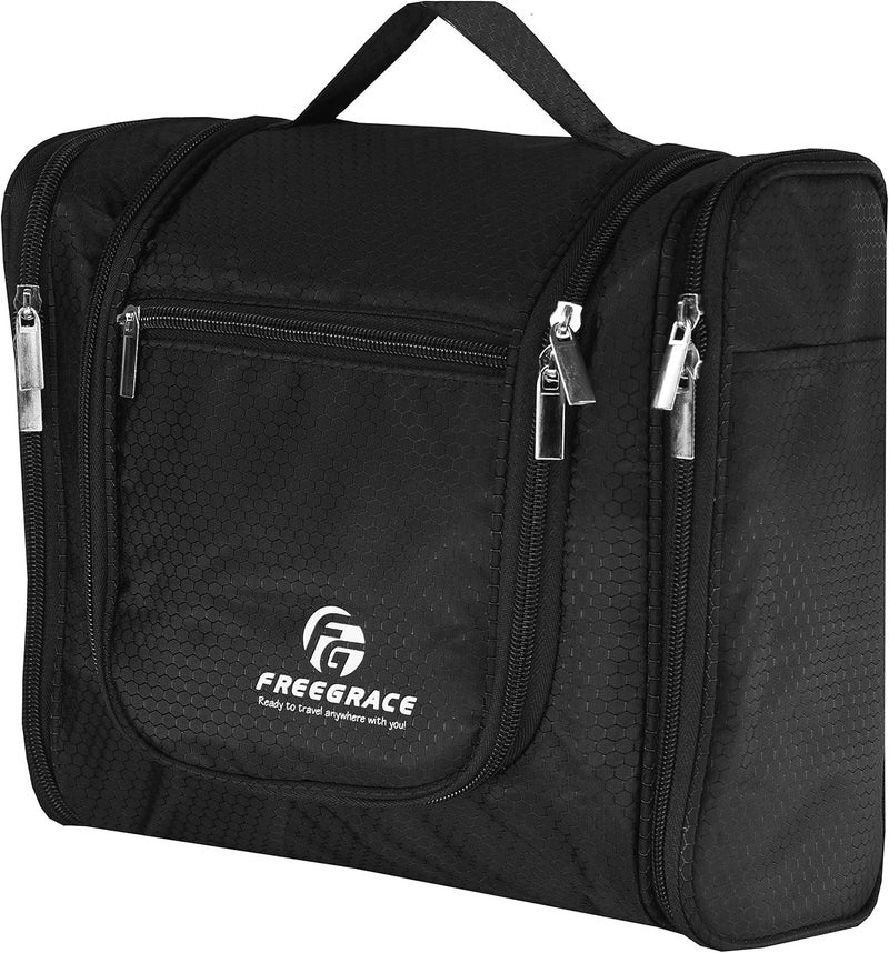 Freegrace Hanging Toiletry Bag Extra Large Capacity | Premium Travel Organizer Bags For Men And Women | Durable Waterproof Nylon Bathroom, Shower, Makeup Bag For Toiletries, Cosmetics, Shampoo (Black) - Image 1