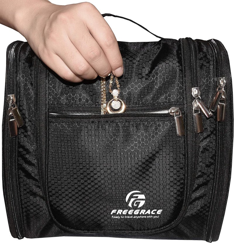 Freegrace Hanging Toiletry Bag Extra Large Capacity | Premium Travel Organizer Bags For Men And Women | Durable Waterproof Nylon Bathroom, Shower, Makeup Bag For Toiletries, Cosmetics, Shampoo (Black) - Image 5