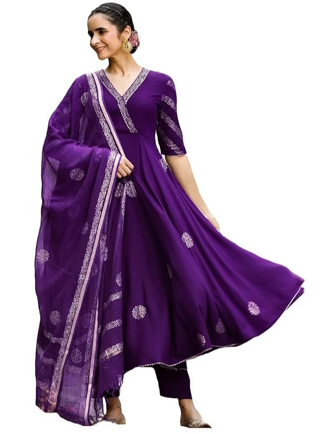 GoSriKi Women's Rayon Blend Anarkali Printed Kurta with Pant & Dupatta (BERLIN BEGANI-GS_L_Begani_Large)