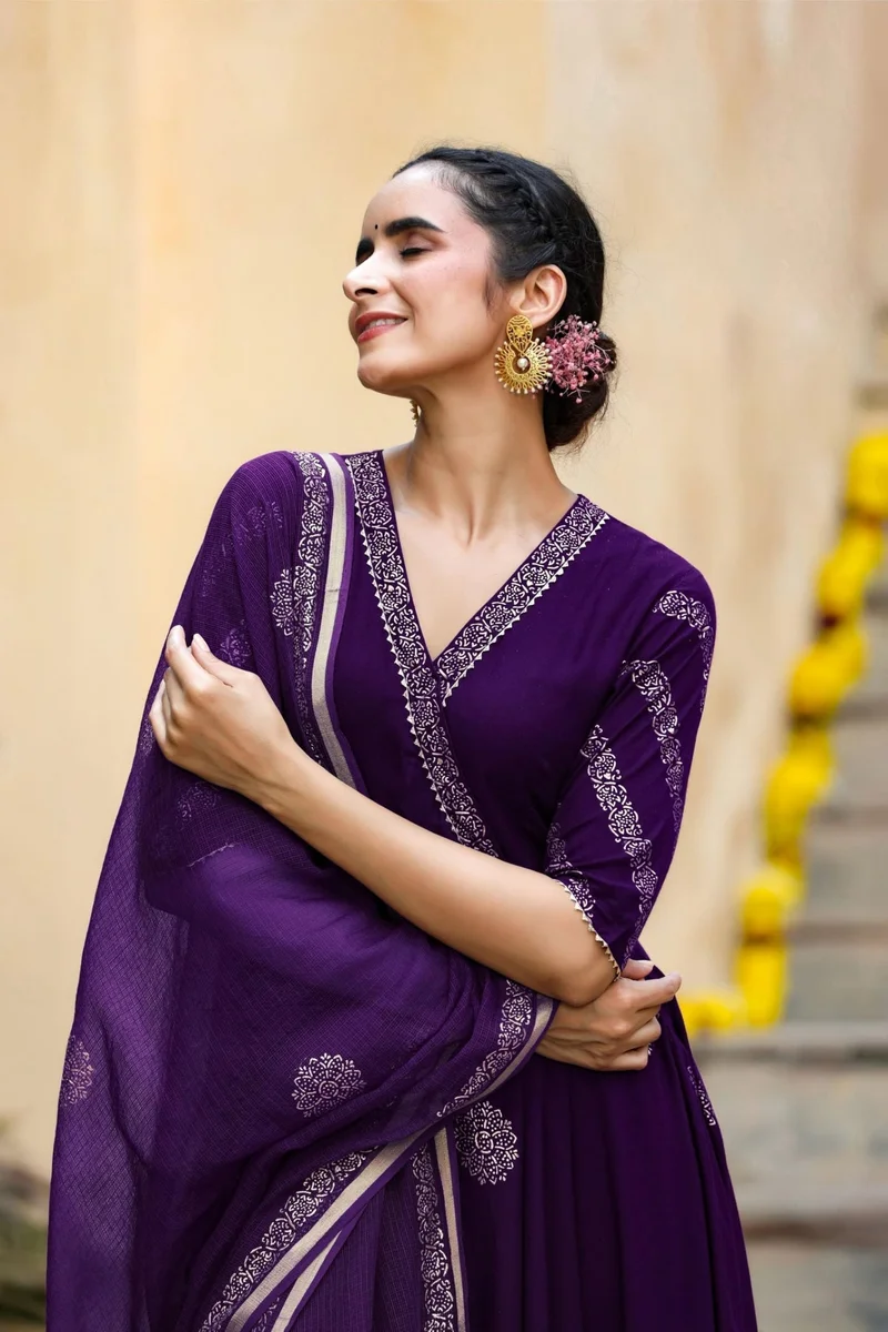 GoSriKi Begani GoSriKi Women's Rayon Blend Anarkali Printed Kurta with Pant & Dupatta (BERLIN BEGANI-GS_L_Begani_Large) for Women | Best Price UAE