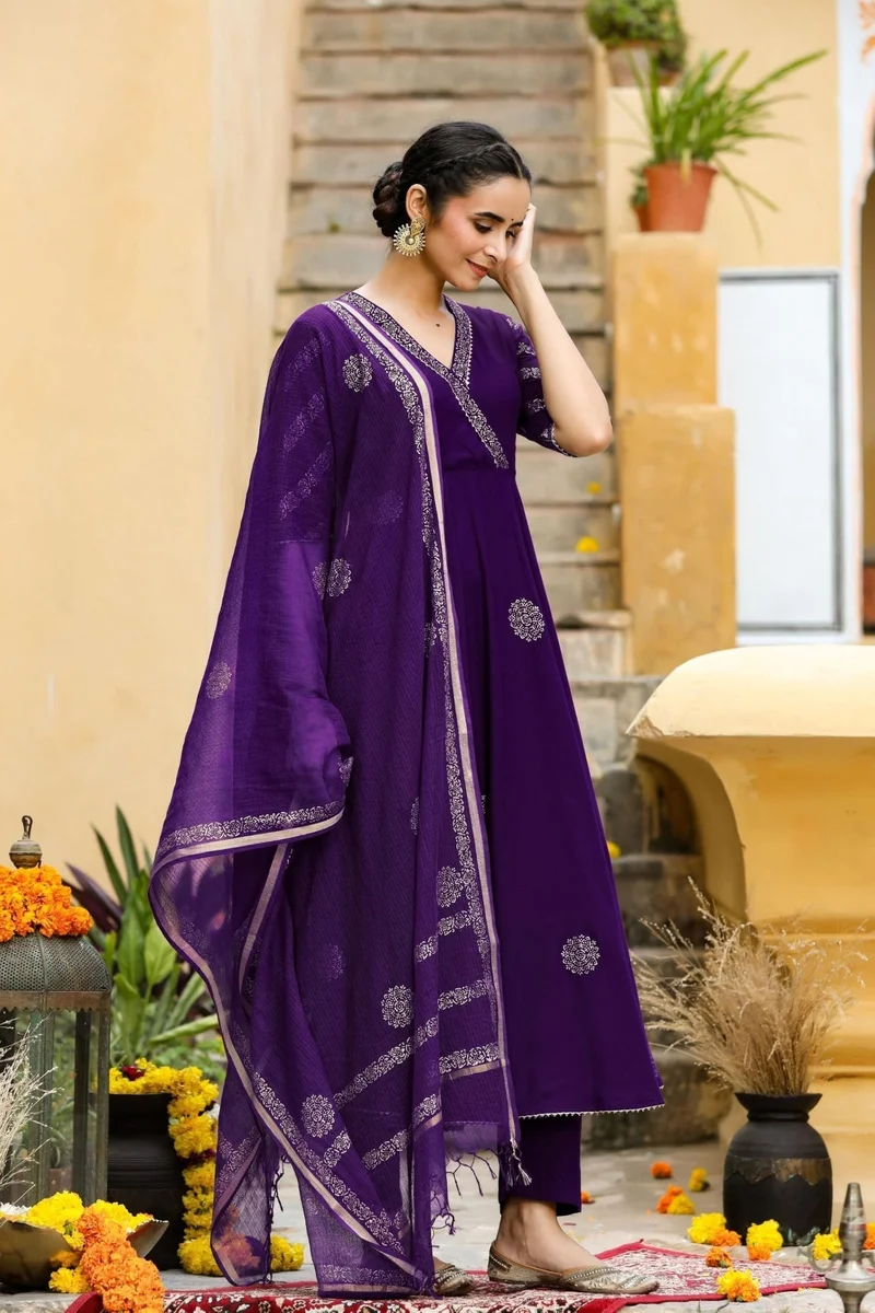 GoSriKi Begani GoSriKi Women's Rayon Blend Anarkali Printed Kurta with Pant & Dupatta (BERLIN BEGANI-GS_L_Begani_Large) for Women | Best Price UAE
