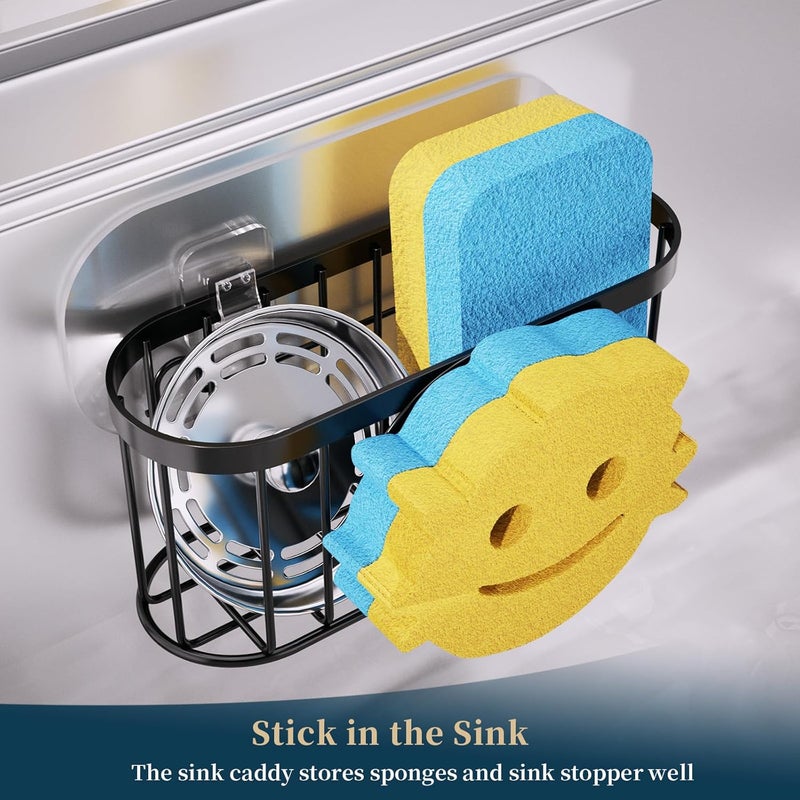 Consumest Sponge Holder, Smiley Face Kitchen Sink Caddy, Sink Organizer with Removable Suction Cups & Adhesive Strips, Suit for Sponge, Soap, Scrubber, Black - Image 3