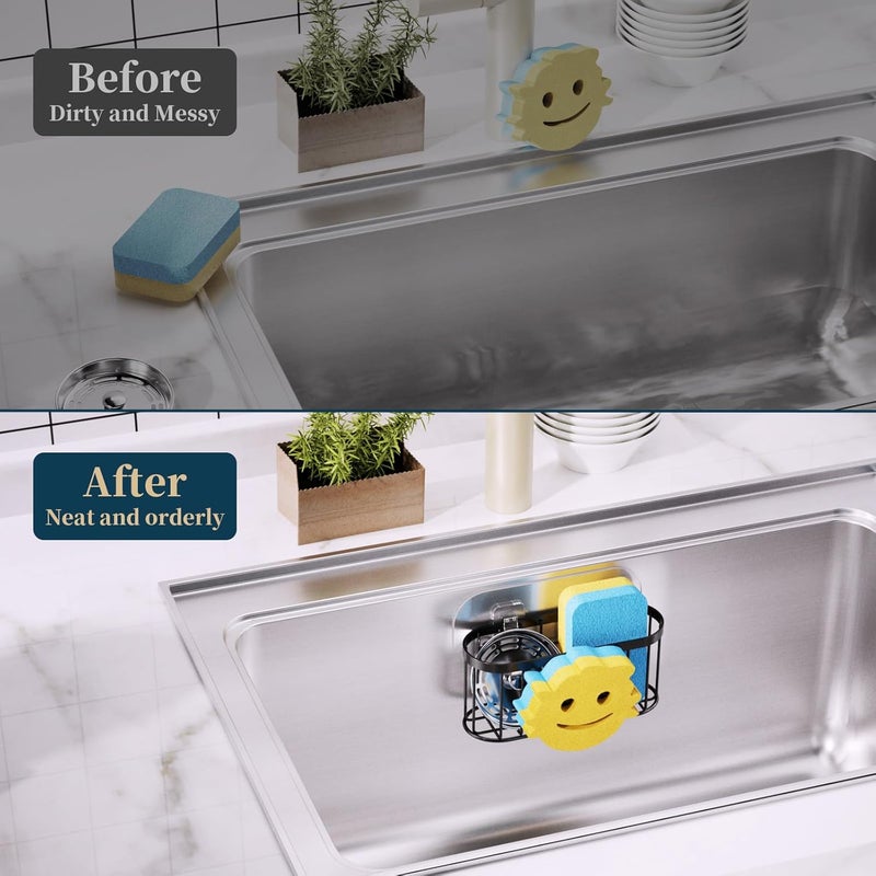 Consumest Sponge Holder, Smiley Face Kitchen Sink Caddy, Sink Organizer with Removable Suction Cups & Adhesive Strips, Suit for Sponge, Soap, Scrubber, Black - Image 5