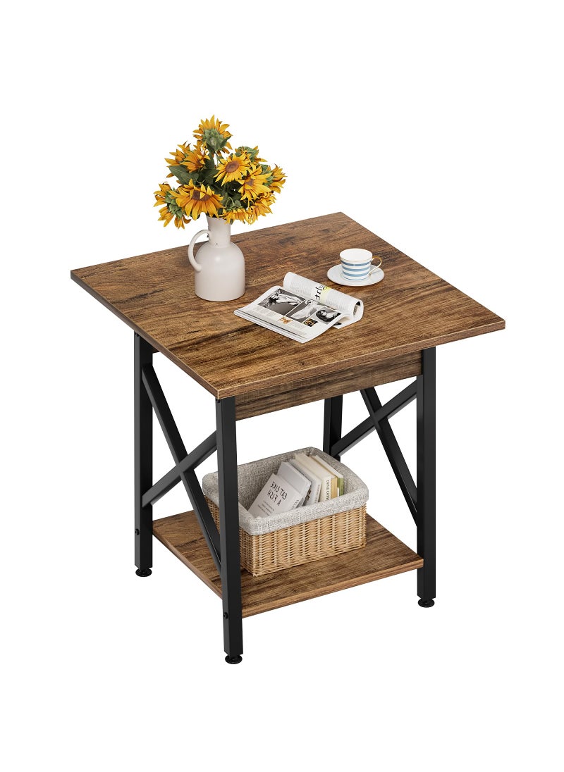 GreenForest GreenForest End Table 24 inch for Living Room Large Square Side Tables with XFrame Tall Industrial Bedside Nightstand with 2Tier Storage Rustic Walnut 