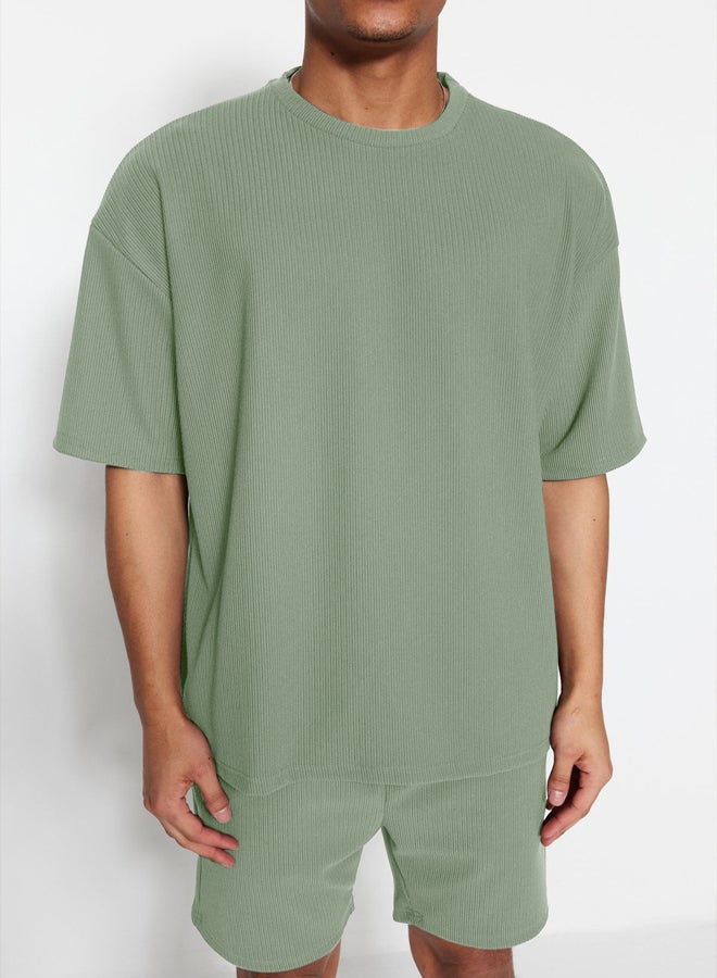 trendyol Mint Premium Oversize Crew Neck Short Sleeve Textured Ottoman T-Shirt - Image 4