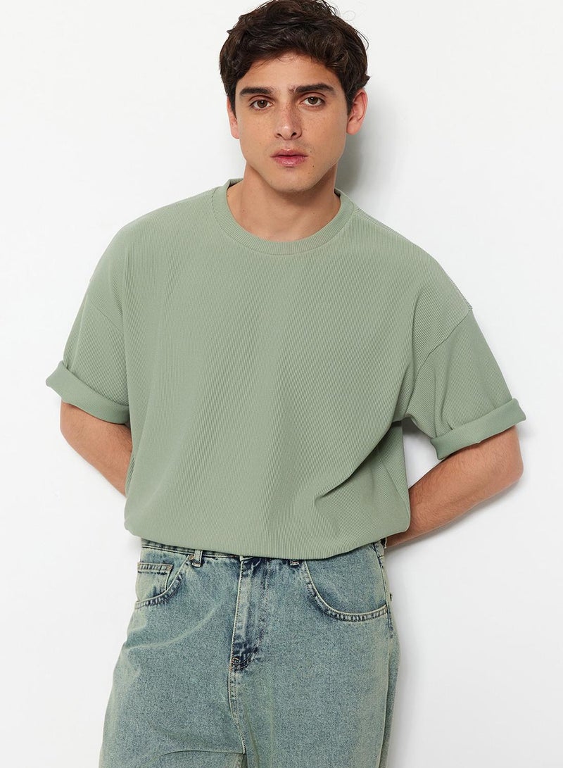 trendyol Mint Premium Oversize Crew Neck Short Sleeve Textured Ottoman T-Shirt - Image 5