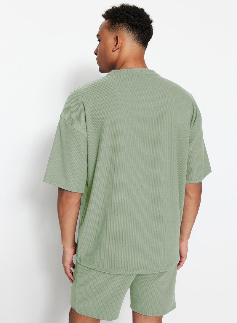 trendyol Mint Premium Oversize Crew Neck Short Sleeve Textured Ottoman T-Shirt - Image 3