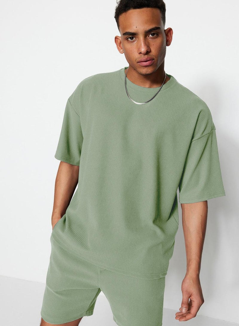trendyol Mint Premium Oversize Crew Neck Short Sleeve Textured Ottoman T-Shirt - Image 2