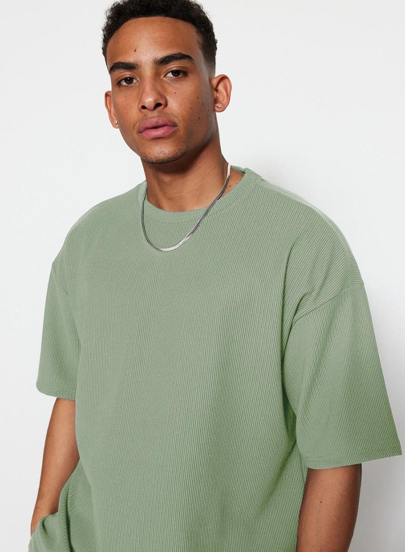 trendyol Mint Premium Oversize Crew Neck Short Sleeve Textured Ottoman T-Shirt - Image 1