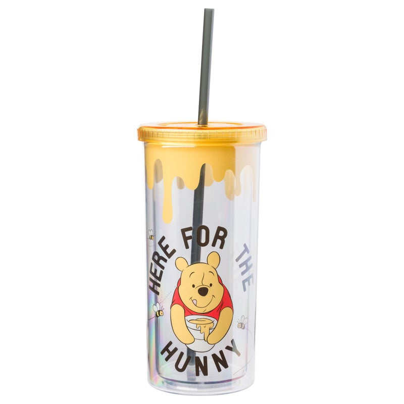 Silver Buffalo Winnie the Pooh Here for Hunny Plastic Tall Cold Cup with Lid and Straw 20 Ounces
