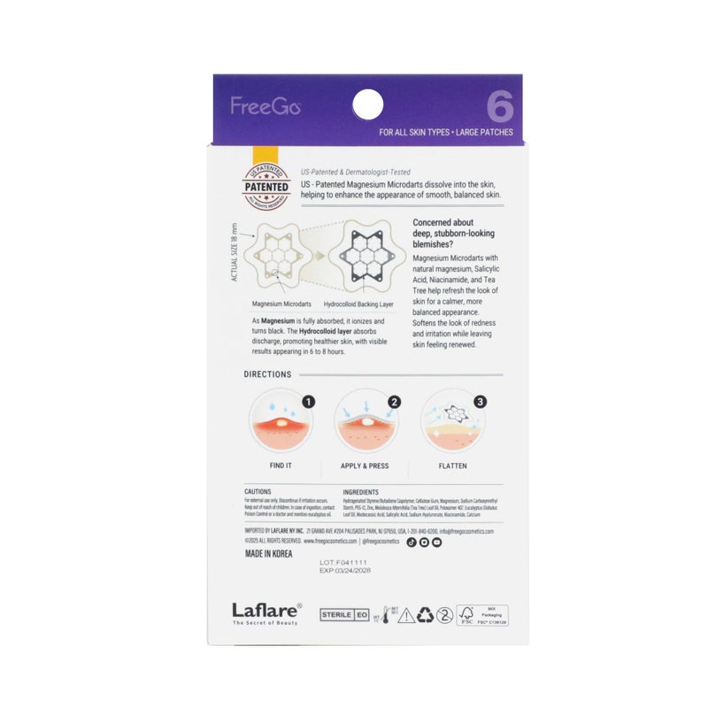 Free Go Magnesium Blemish Microdarts | Pimple Patch | Fast-Acting | Quick Calming | 99.9% Pure Magnesium | Madecassic Acid | Tea Tree | Eucalyptus Leaf | Hydrocolloid Spot Care Patch (Large 6 Patches) - Image 3