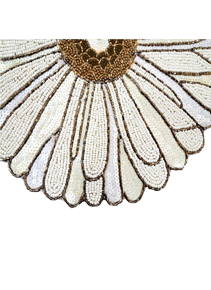 Good Vibes Glass Beads Place MatsRound Table MatEmbroidered Table MatRound Beaded Table MatsCutwork Design Dining Table MatsDressing Table MatsBed Side Table matsWhite 14 Inches  - Image 3