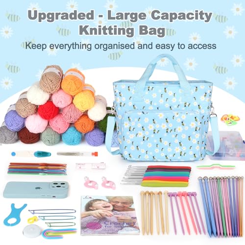 Aeelike Yarn Storage Organizer Travel Crochet Bag Large Capacity Tote Bag Knitting Bag for Carrying Projects Knitting Needles Crochet Hooks and Yarn Blue Floral and Bees - Image 3