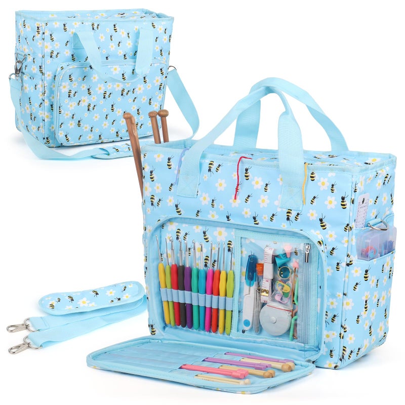 Aeelike Yarn Storage Organizer Travel Crochet Bag Large Capacity Tote Bag Knitting Bag for Carrying Projects Knitting Needles Crochet Hooks and Yarn Blue Floral and Bees - Image 2
