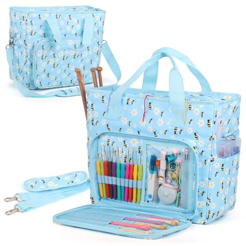 Aeelike Yarn Storage Organizer Travel Crochet Bag Large Capacity Tote Bag Knitting Bag for Carrying Projects Knitting Needles Crochet Hooks and Yarn Blue Floral and Bees - Image 1