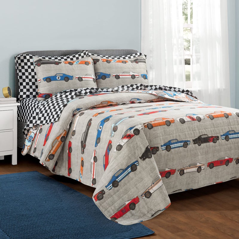 Lush Decor Lush Decor Race Car Kids 5Piece Oversized Quilt Bed Set Reversible Bedding Set for Boys Blue  Orange Twin 