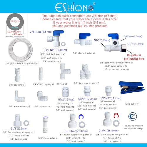 ESHIONG NSF Certified 3/8" O.D. Push to Connect Fittings for RO (Reverse Osmosis) Water Filter 30 pcs+30 feet 3/8" Water tubing. - Image 2