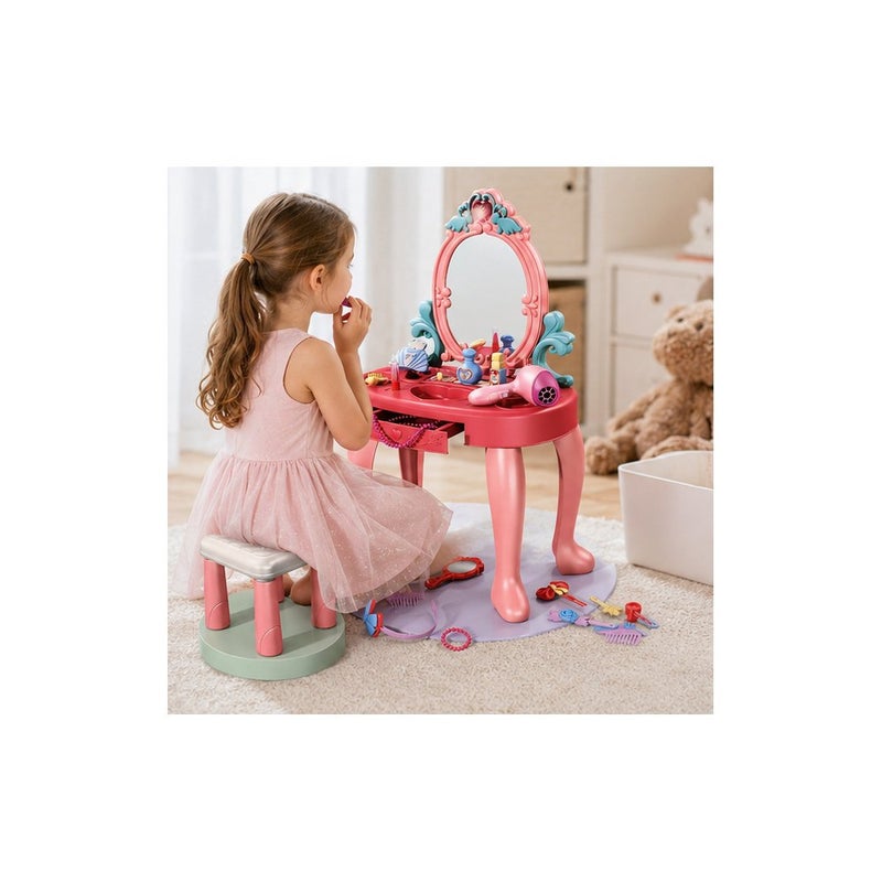TEMI Kids Pretend Play Dressing Table Set with Mirror and Stool, Princess Dream Vanity Toy for Girls, Pink - Image 3