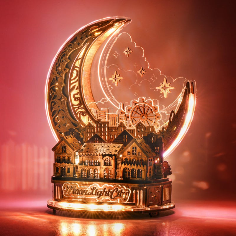 FUNPOLA 3D DIY Puzzle Moon City Model LED 3D Wood Puzzle 3D Wooden Puzzles for Adults Home Dcor Gifts for Kids and Adults Brown - Image 3