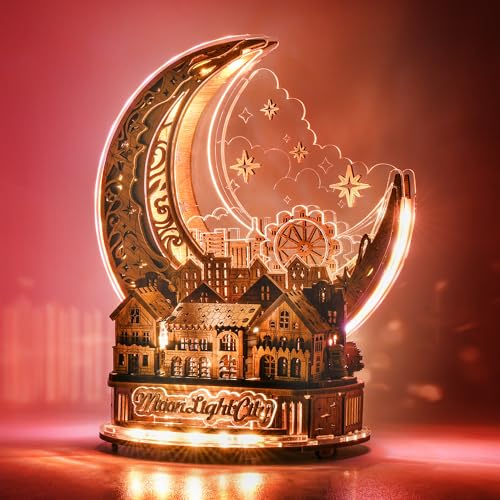 FUNPOLA 3D DIY Puzzle Moon City Model LED 3D Wood Puzzle 3D Wooden Puzzles for Adults Home Dcor Gifts for Kids and Adults Brown - Image 1