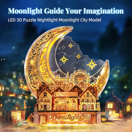 FUNPOLA 3D DIY Puzzle Moon City Model LED 3D Wood Puzzle 3D Wooden Puzzles for Adults Home Dcor Gifts for Kids and Adults Brown - Image 5