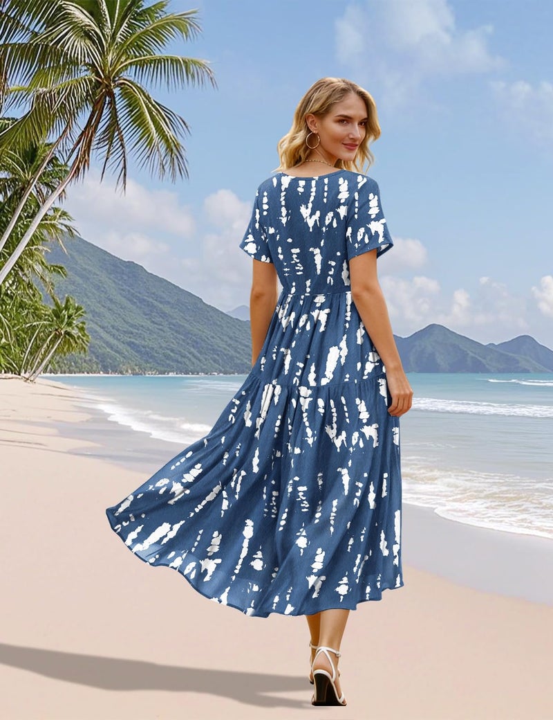 YESNO Women's Summer Maxi Dresses Casual Floral Short Sleeve V Neck Boho Beach Vacation Swing Dress with Pockets 2XL EVF CR147 - Image 4