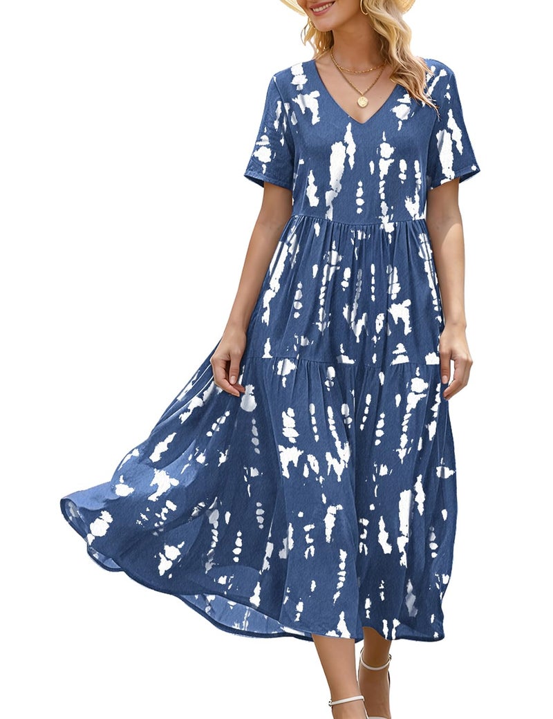 YESNO Women's Summer Maxi Dresses Casual Floral Short Sleeve V Neck Boho Beach Vacation Swing Dress with Pockets 2XL EVF CR147 - Image 1