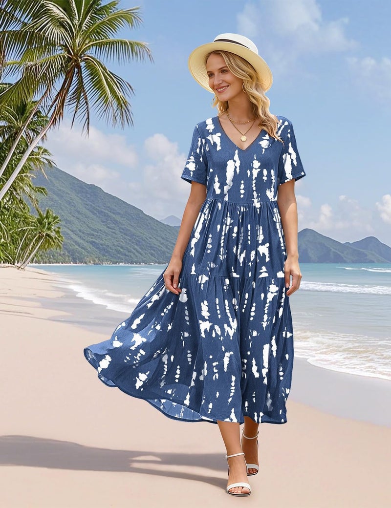YESNO Women's Summer Maxi Dresses Casual Floral Short Sleeve V Neck Boho Beach Vacation Swing Dress with Pockets 2XL EVF CR147 - Image 5
