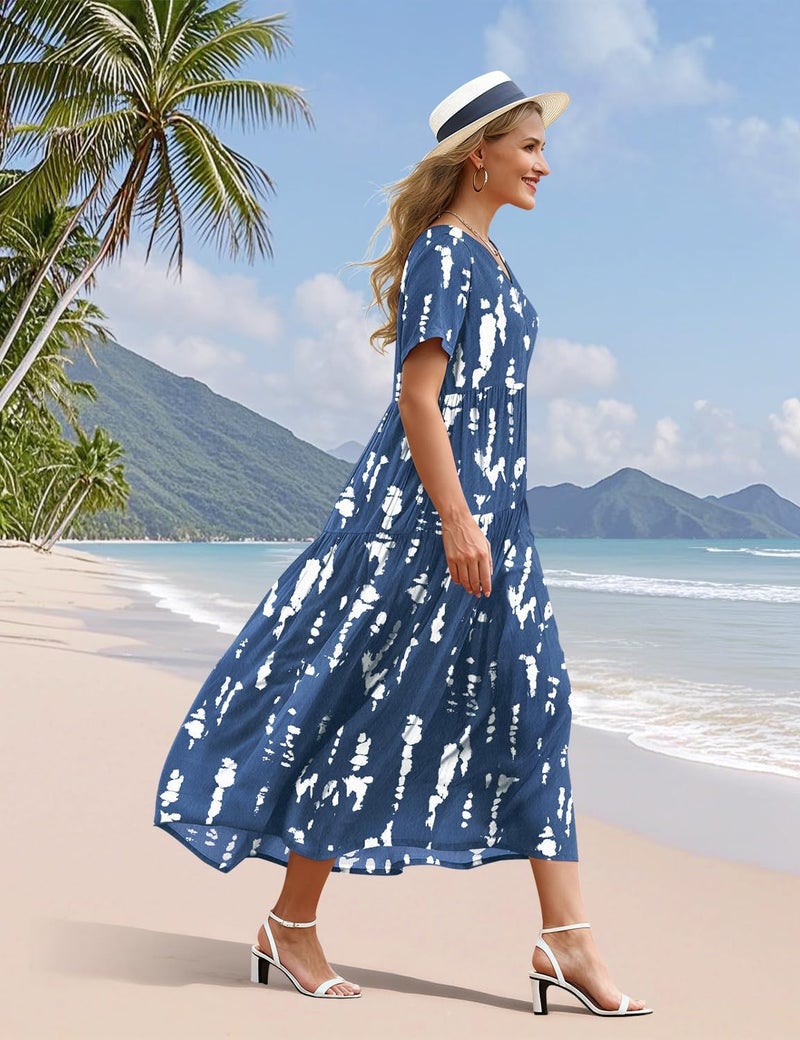 YESNO Women's Summer Maxi Dresses Casual Floral Short Sleeve V Neck Boho Beach Vacation Swing Dress with Pockets 2XL EVF CR147 - Image 3