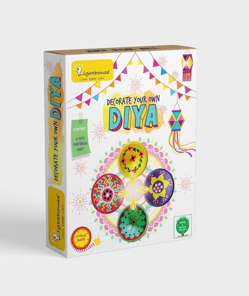 Lighthouse Artful Diya Decoration Kit for Diwali | Paint Your Own Festive Decoration | Mitti Diya for Pooja, Eco-Friendly DIY Kit, Includes 4 Diyas, Color and Paint Brush, Corporate Gifts for Diwali - Image 1