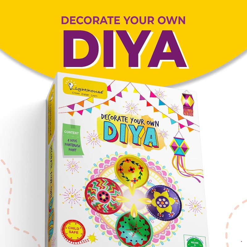Lighthouse Artful Diya Decoration Kit for Diwali | Paint Your Own Festive Decoration | Mitti Diya for Pooja, Eco-Friendly DIY Kit, Includes 4 Diyas, Color and Paint Brush, Corporate Gifts for Diwali - Image 2