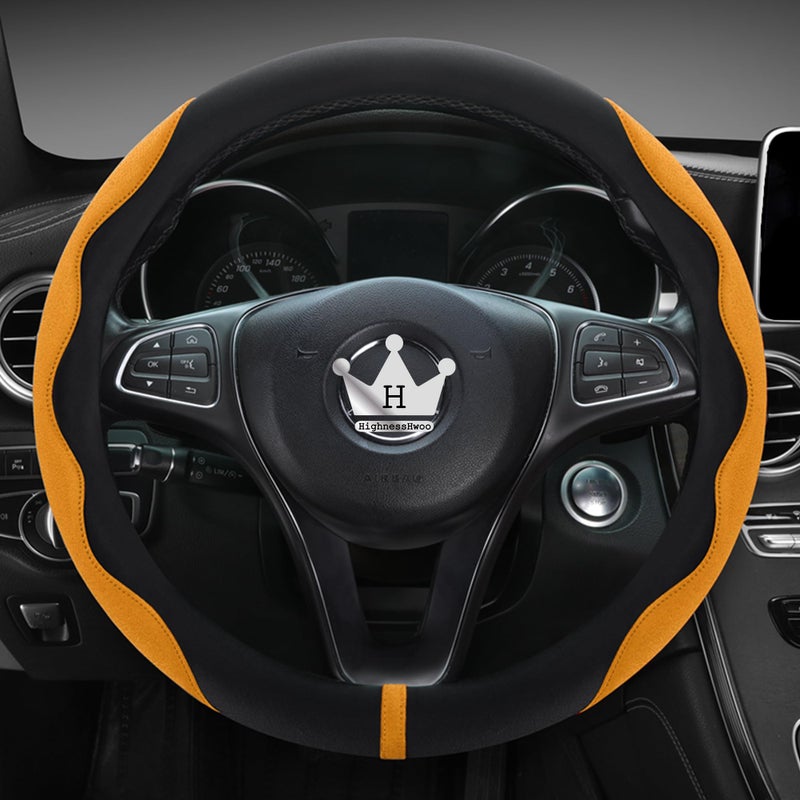 HighnessHwoo Luxury Suede Steering Wheel Cover for Cars Soft Leather Padded Wheels Cover for Sedan SUV Auto Interior Accessories Thin Car Handle Cover Universal FitAnti Slip 1415in Orange