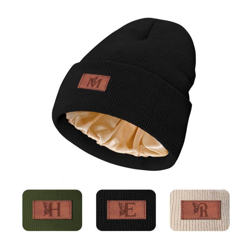 COSHAYSOO Personalized Womens Satin Lined Knit Beanie Winter Hats Monogrammed Valentines Gifts for Women | Initial Letter Knitted Cuffed Beanies, Black M - Image 1