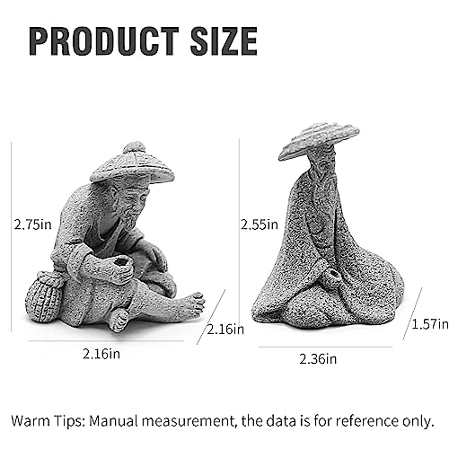 DUZFOREI 2PCS Sitting Fishing Figurines Sandstone Vintage Ornament Japanese Decor for Fish Tank Pot Garden Home Aquarium Mini Fisherman Statue Asian Zen Decoration - Image 2