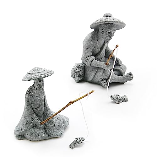 DUZFOREI 2PCS Sitting Fishing Figurines Sandstone Vintage Ornament Japanese Decor for Fish Tank Pot Garden Home Aquarium Mini Fisherman Statue Asian Zen Decoration - Image 3