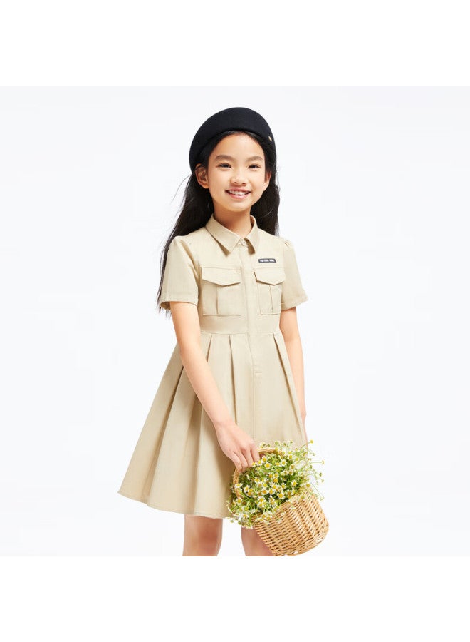 Annil Girls' Short Sleeve Pleated Dress Summer Literary Workwear Style Light And Breathable Dress - Image 1