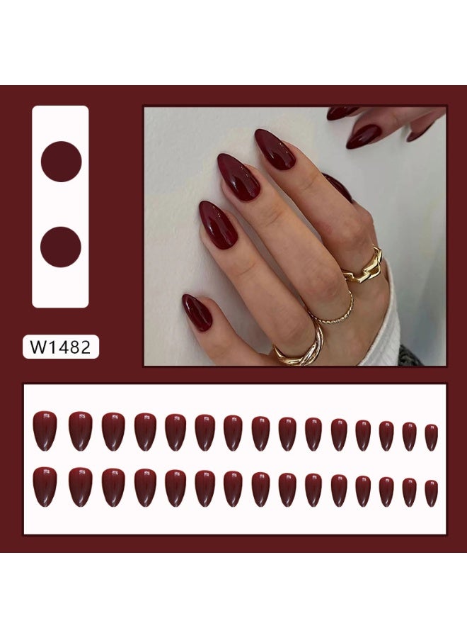 JOSQUEWNN 30pcs Press On False Nails,Medium-to-long burgundy solid-colour almond-shaped nails, Nails For Effortless Style And Sophisticated Look, Acrylic Nails With Glue Kit. - Image 2